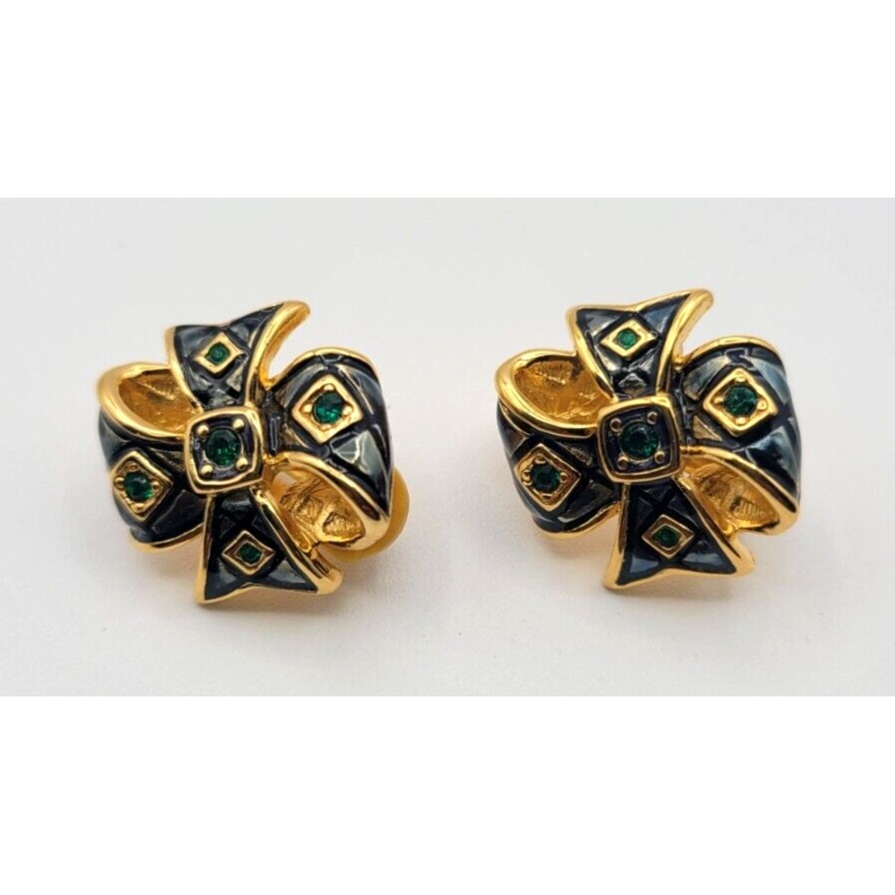 JOAN RIVERS ENAMEL SWAROVSKI CRYSTAL GREEN BLACK BOW CLIP EARRINGS‎ SIGNED VTG